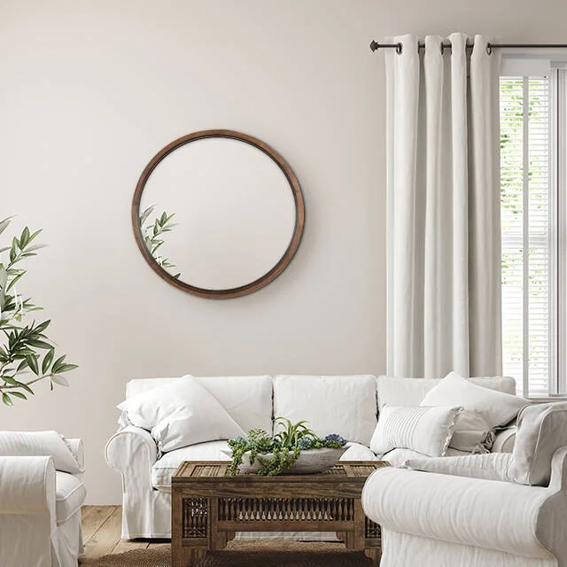 wooden framed round wall mirror